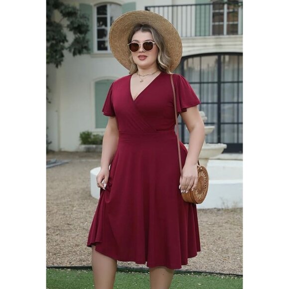 Dark Red Soft Knit Midi Dress w/Tie Size 26 4X New Plus Size Flutter Sleeves - Picture 3 of 8